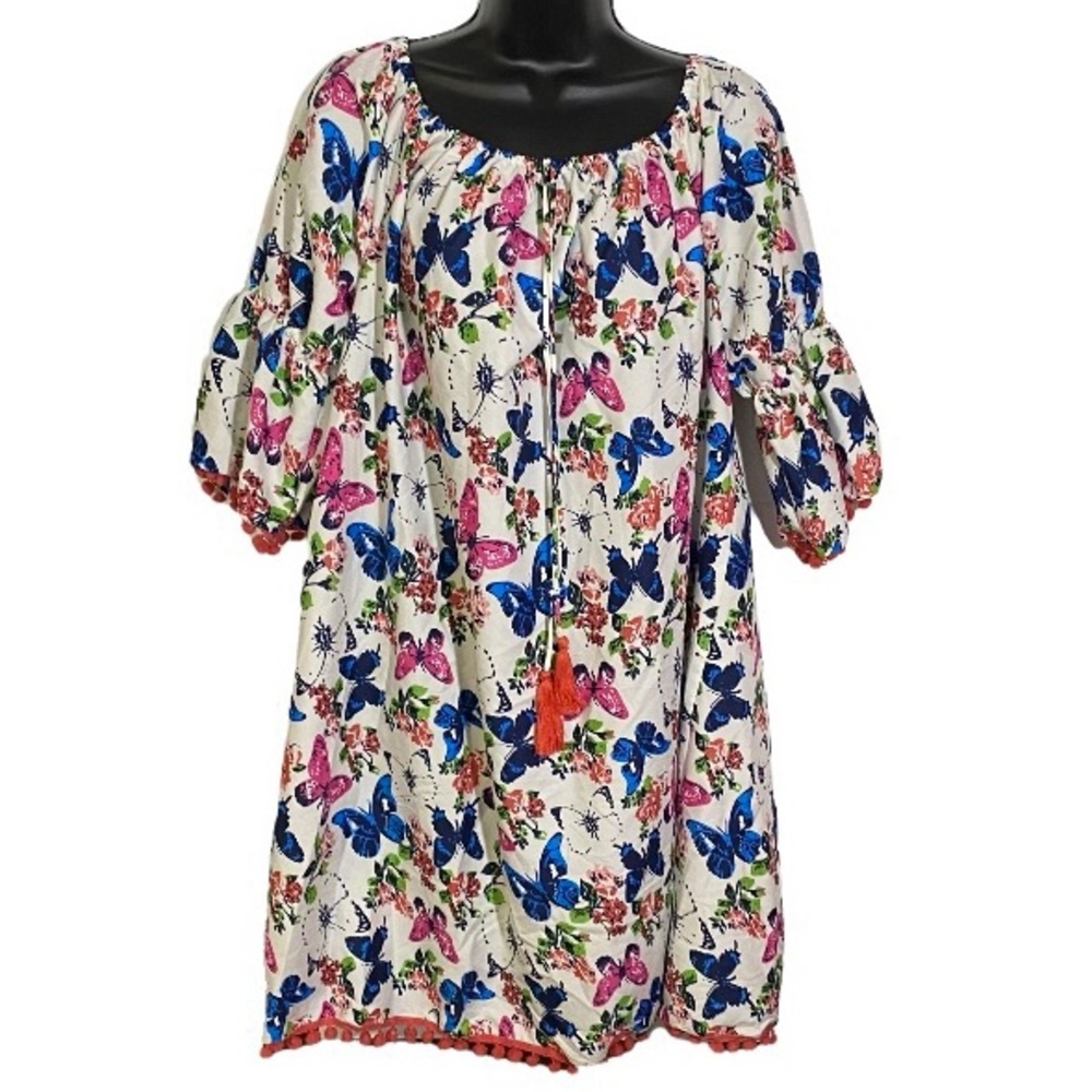 America & Beyond Mini Dress Butterfly Print Pink Pom Pom Hem Women’s Size XL